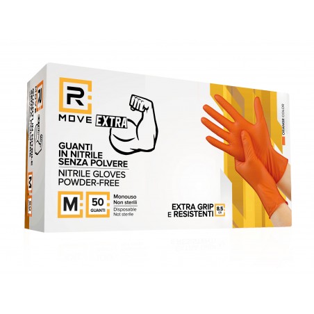 RMove 1Conf. da 50pz 8.5gr da Lavoro - Guanti Nitrile Arancione Senza Polvere Full Grip