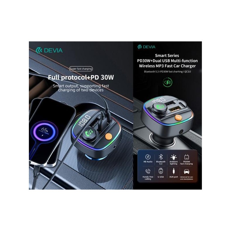 Vivavoce e Carica 30W per auto FM Bluetooth 5.3 con lettore Mp3 e Pendrive